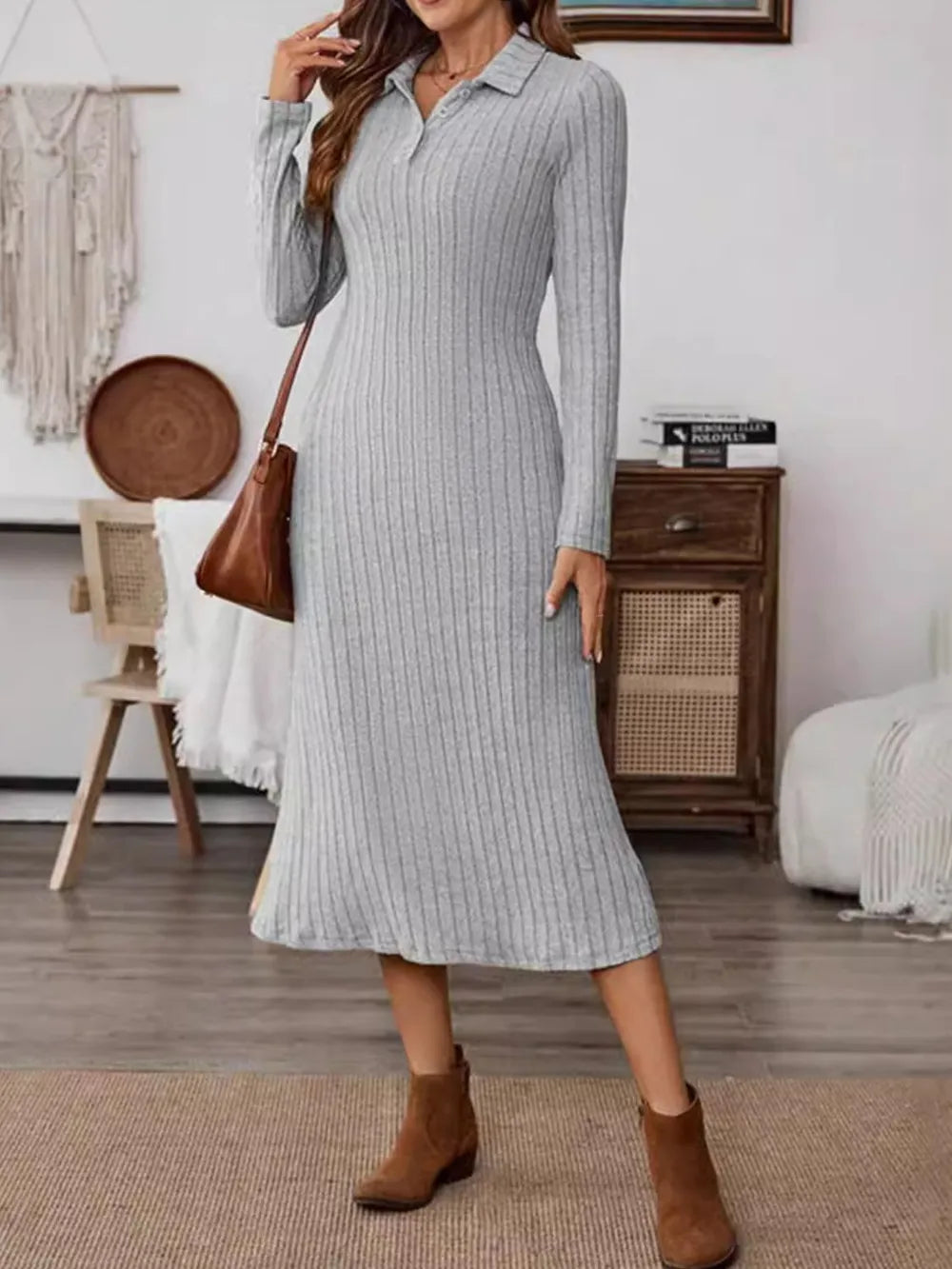 Collared Neck Long Sleeve Midi Dress